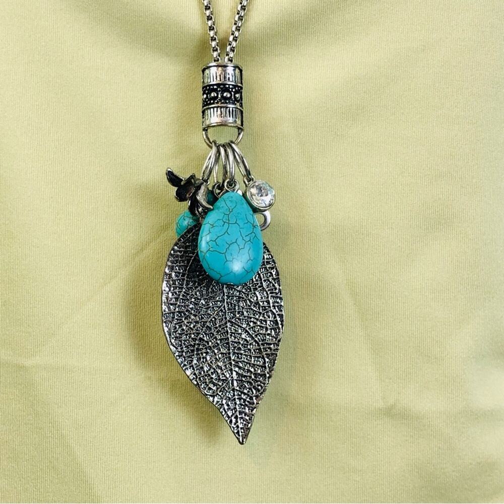 Trendy Long Necklace Faux Silver Turquoise Charms - Picture 14 of 16